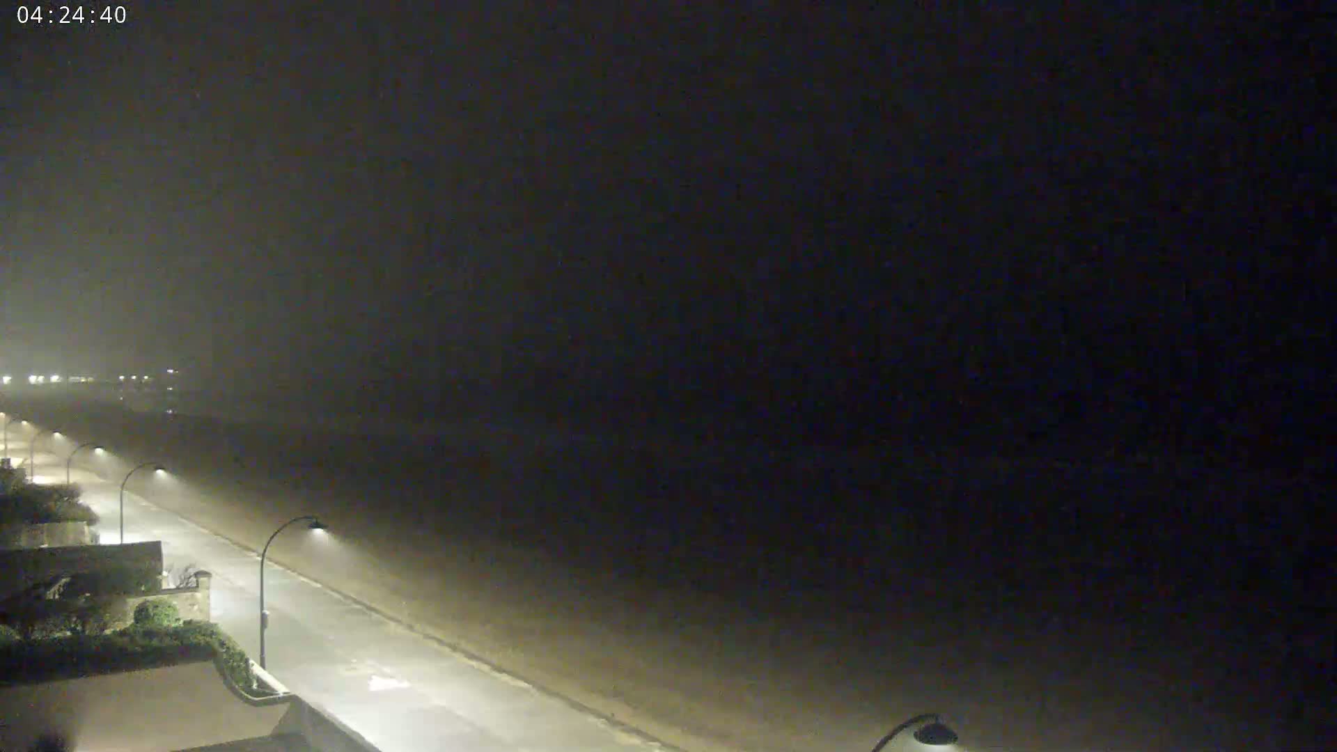 A nighttime, foggy view shows a road next to a beach, lined with streetlights.