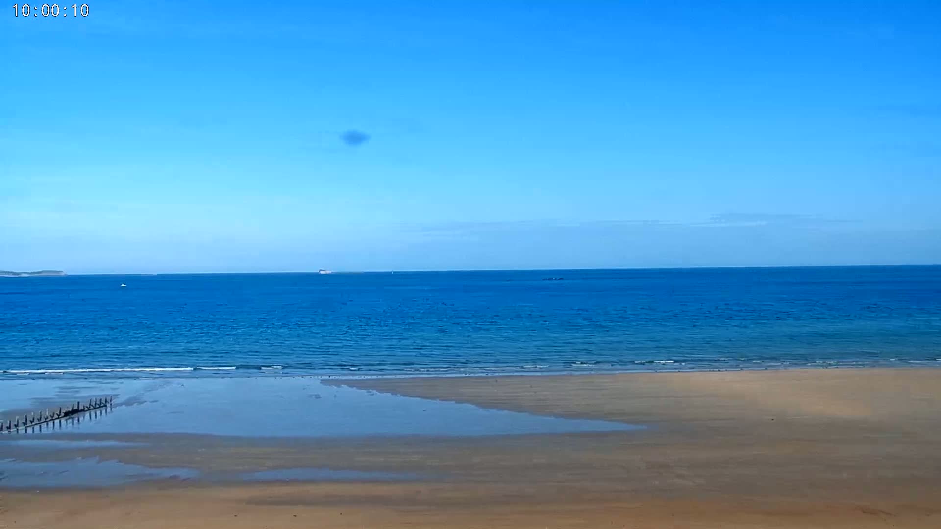 A sandy beach stretches to a calm, blue ocean under a clear blue sky.