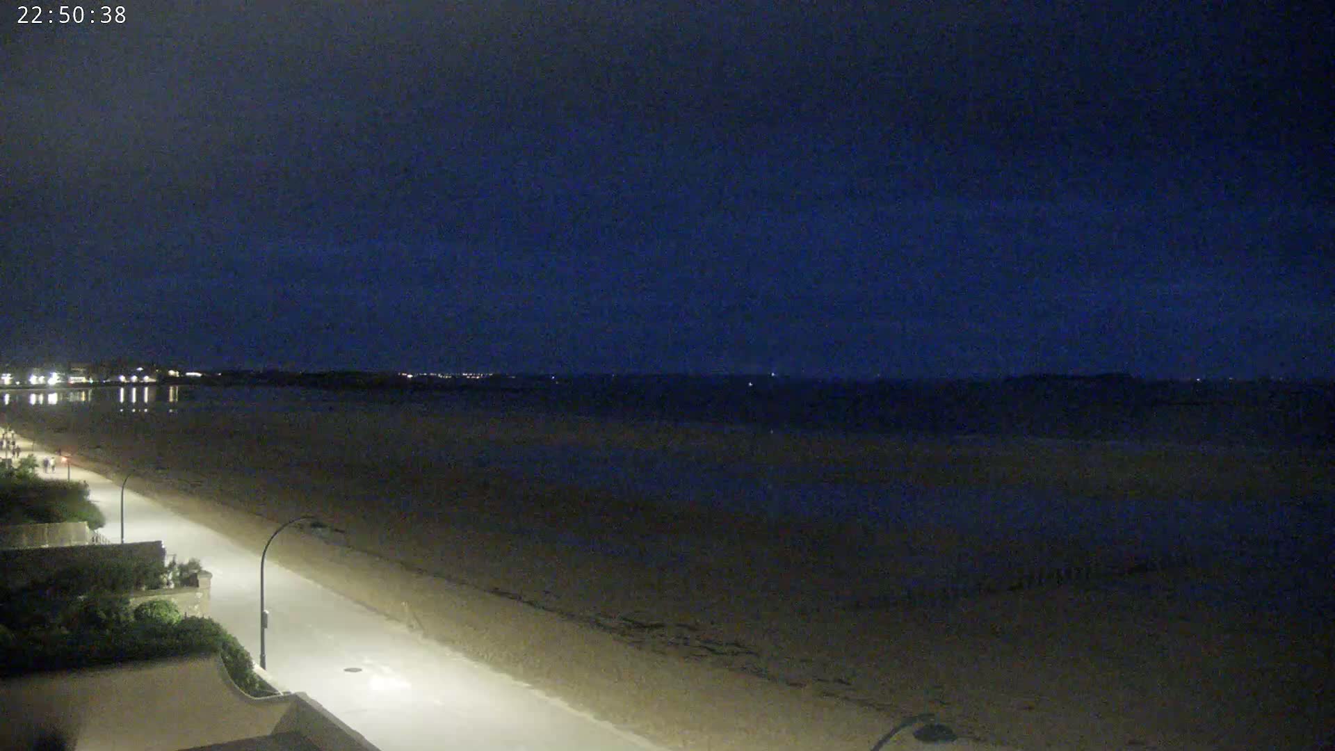 A dark, nighttime beach scene shows a sandy shore next to a paved road, with a calm ocean and distant lights visible under a clear, dark blue sky.