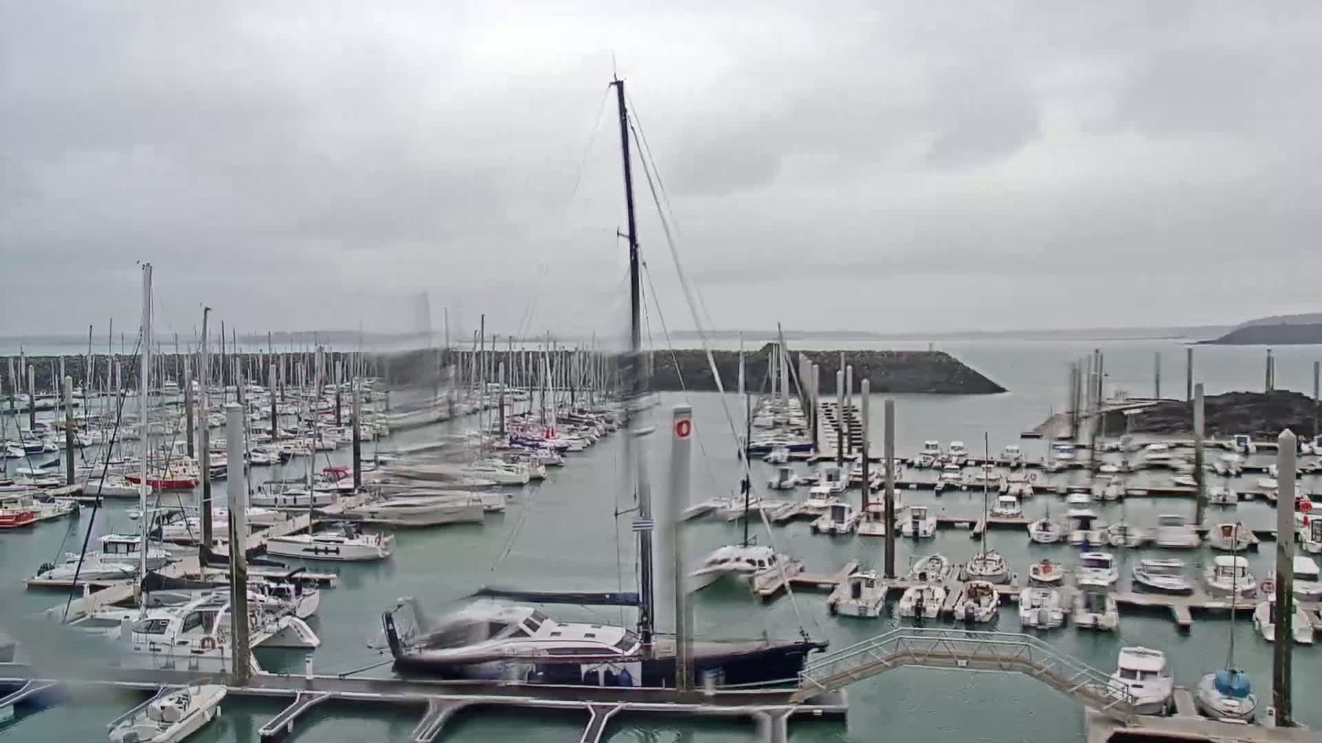 A marina filled with numerous sailboats and motorboats on a cloudy day.