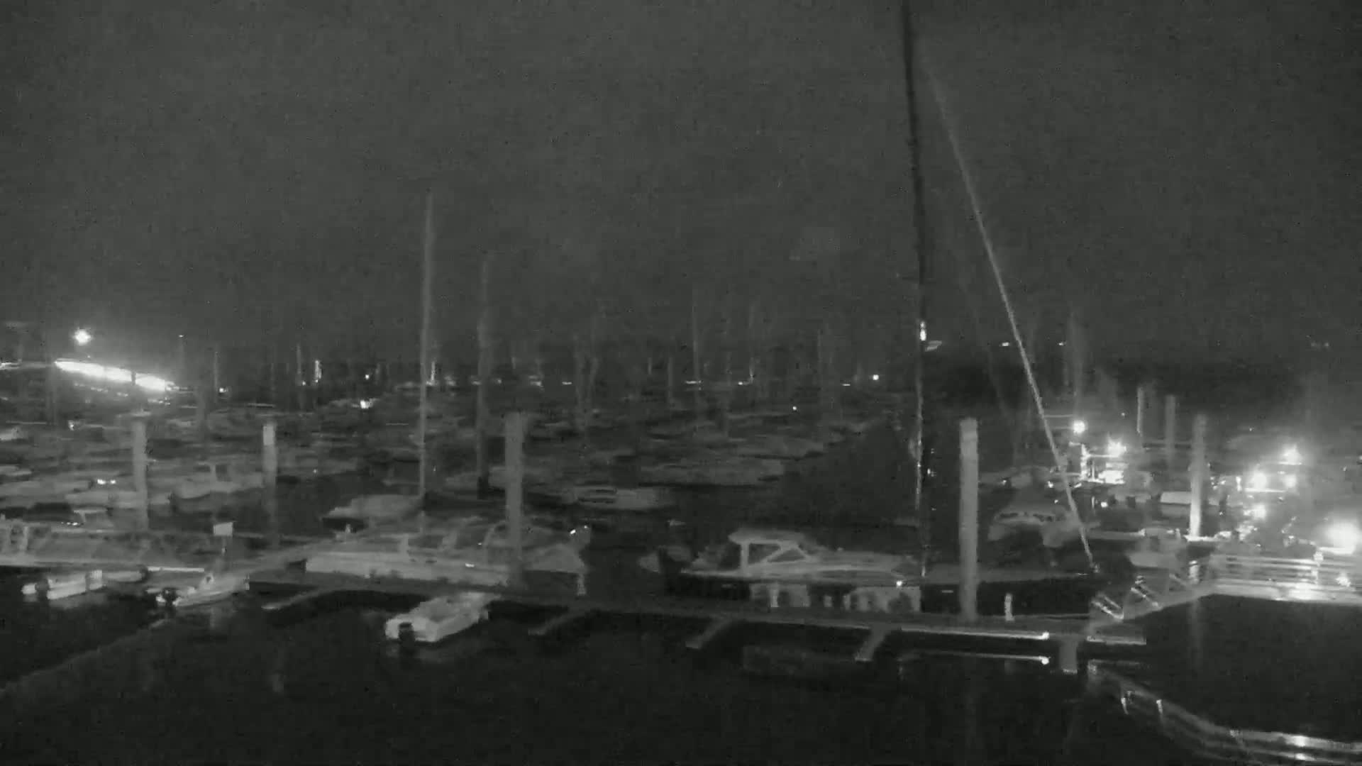A nighttime, low-light view of a marina filled with numerous boats docked at the piers.