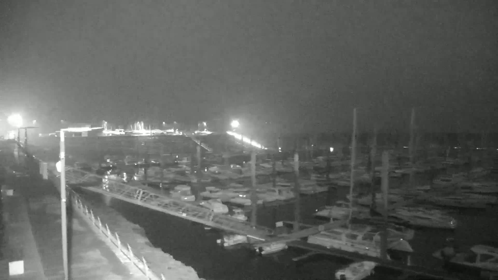 A nighttime, foggy view of a marina filled with numerous boats docked alongside a walkway.