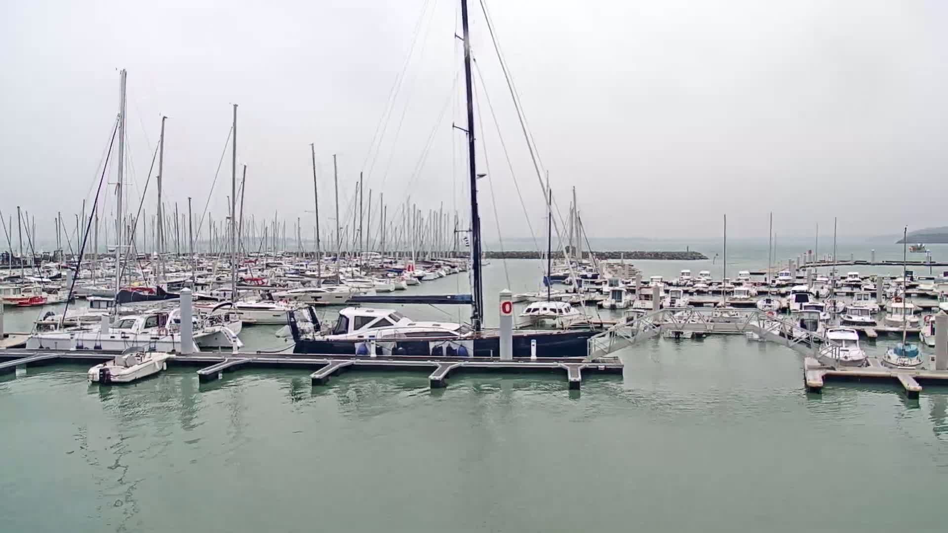 A marina filled with numerous sailboats and motorboats on a cloudy day.