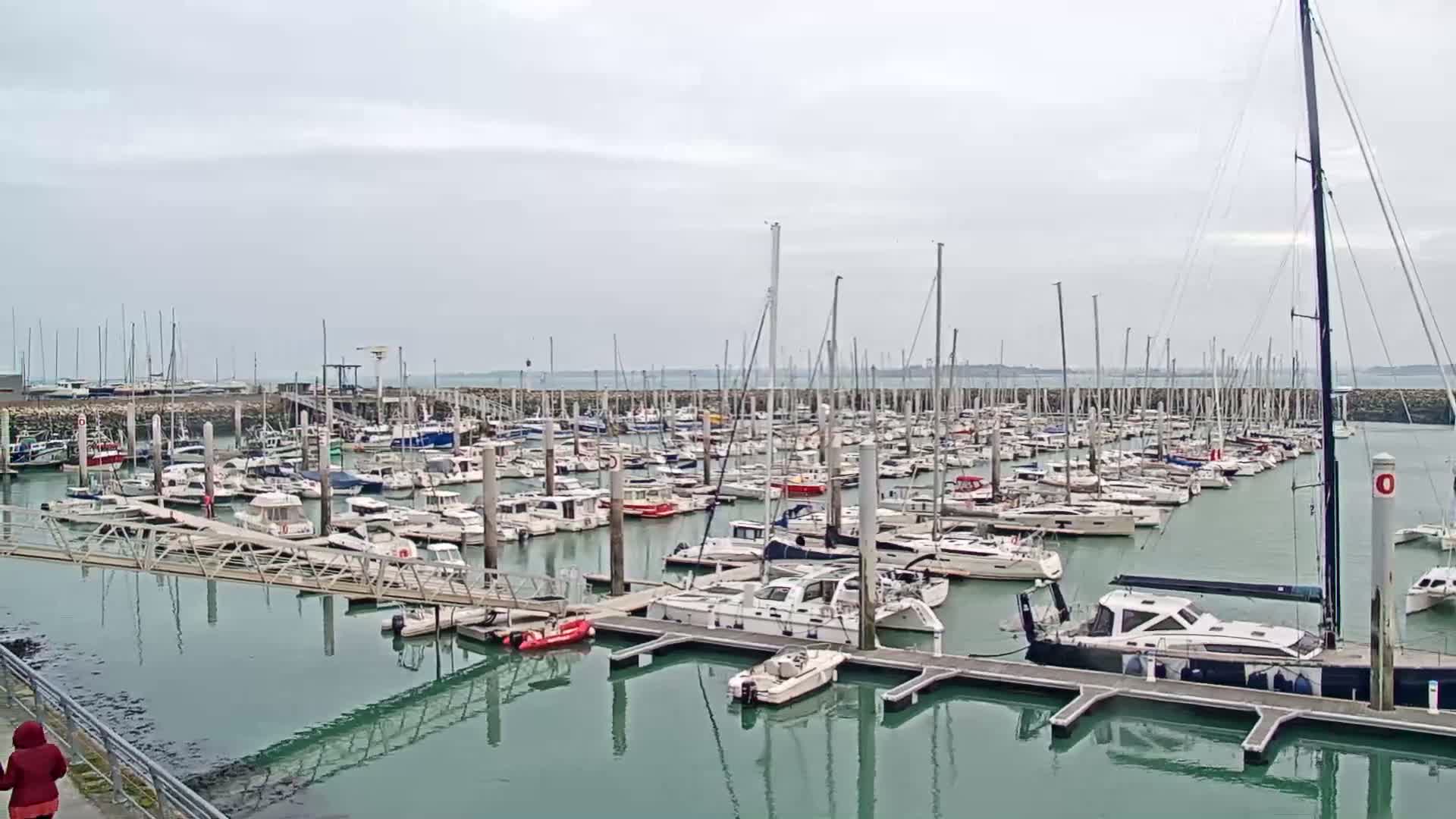 A large marina filled with numerous sailboats and motorboats under an overcast sky.