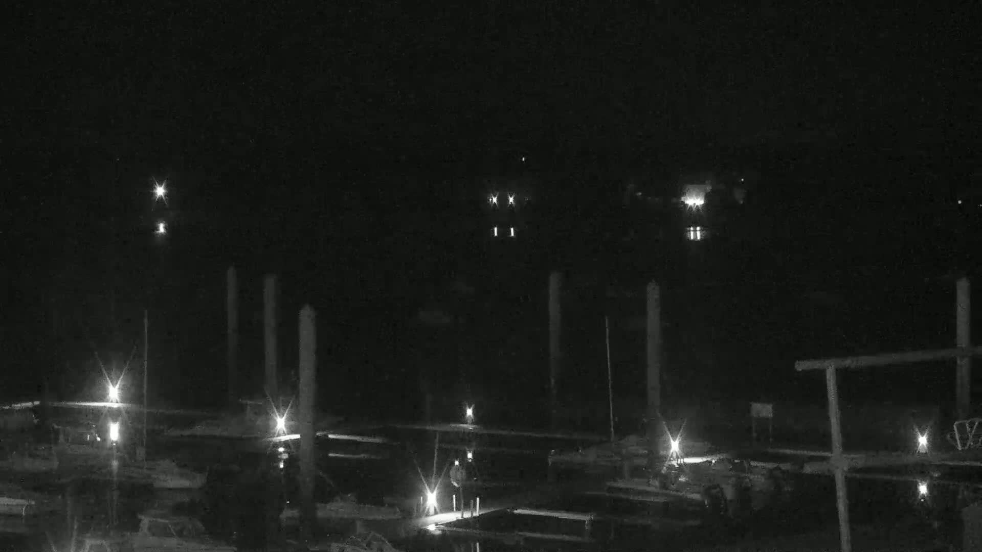 A nighttime view of a marina with boats docked, illuminated by several lights under a dark sky.