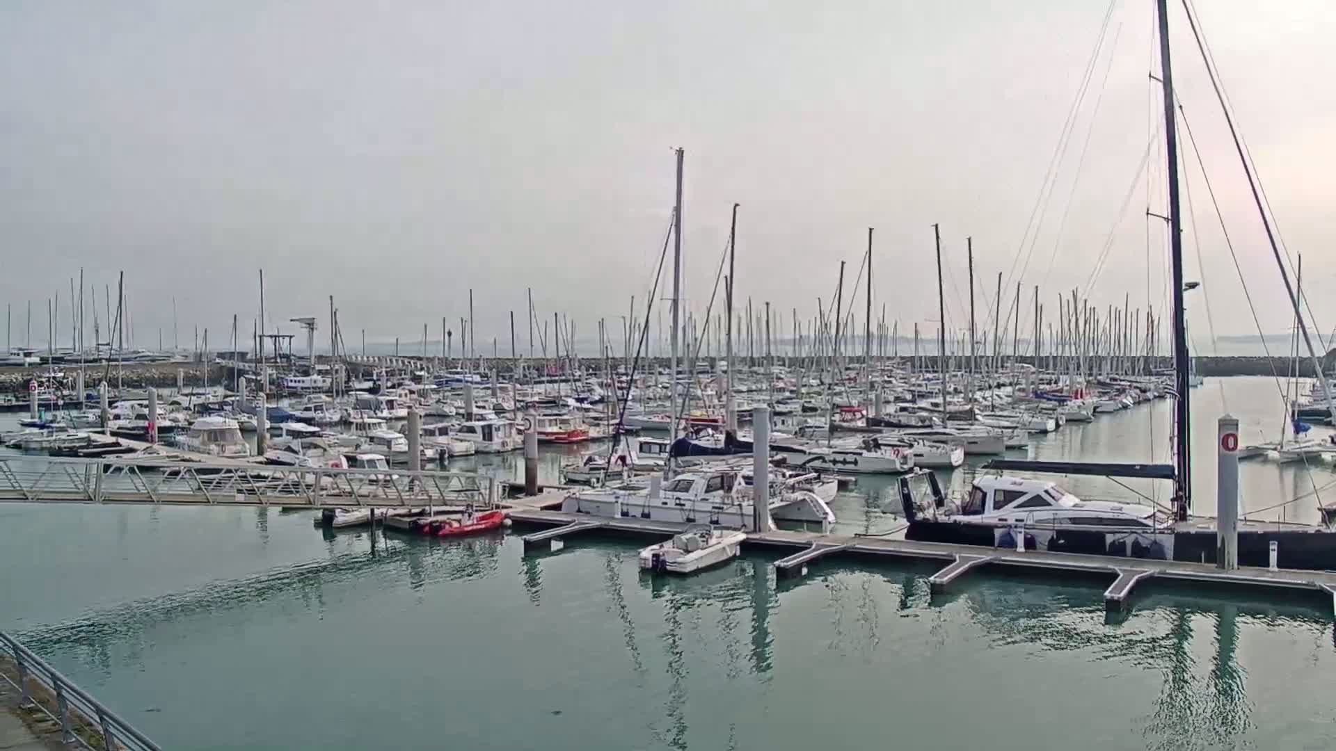 A marina filled with numerous sailboats and motorboats on a calm, overcast day.
