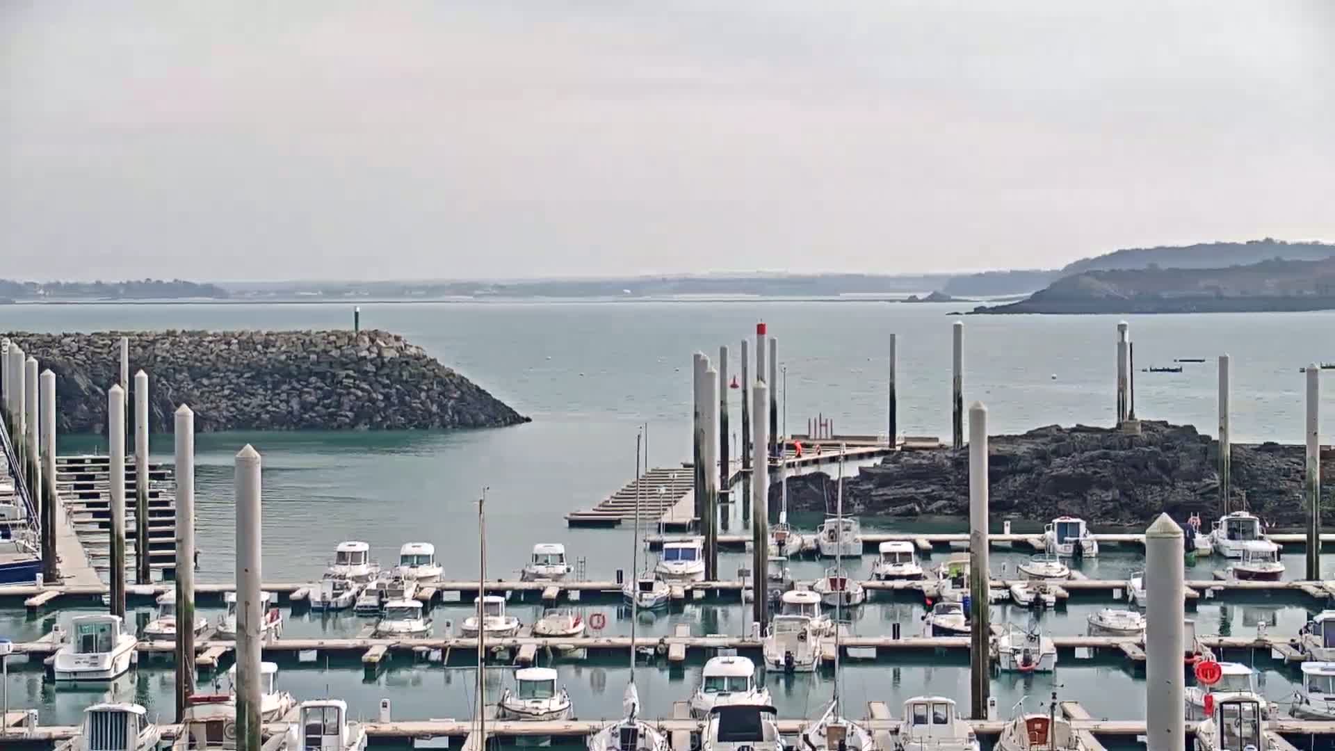 A calm, overcast day reveals a marina filled with numerous boats docked at piers, with a rocky outcrop and calm water extending to a distant shoreline.