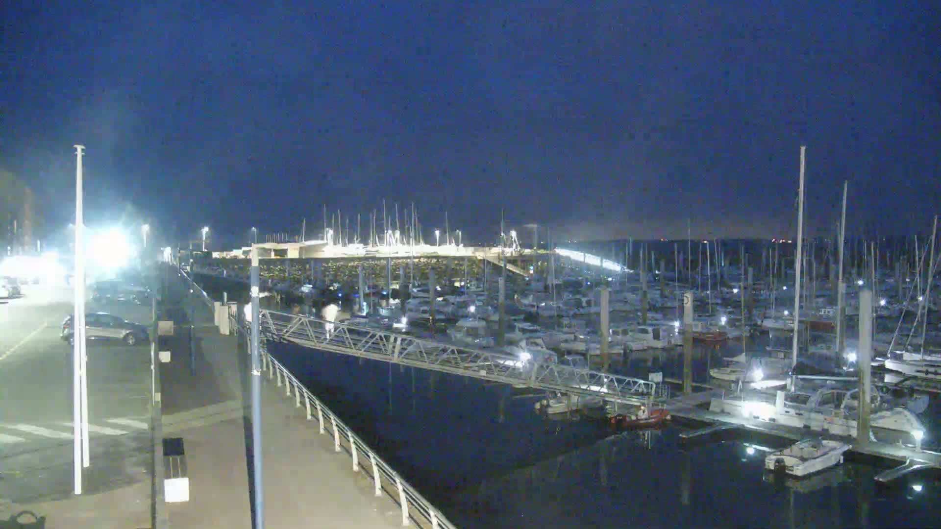 A marina filled with many boats is seen at night under a dark blue sky.