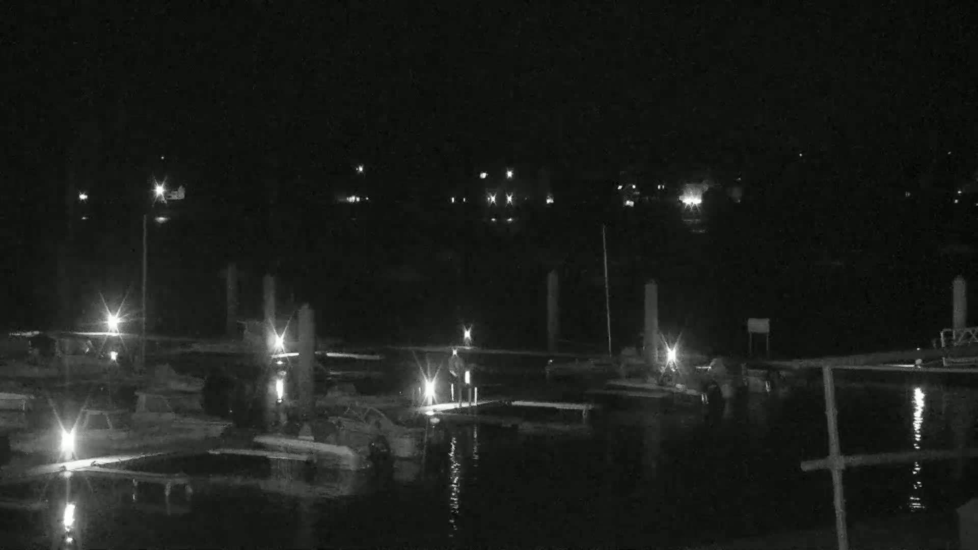 A nighttime, low-light view of a marina with several boats docked and a few people standing on the docks.