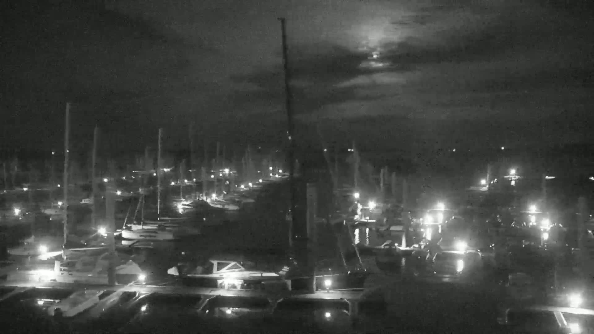 A nighttime, overcast view of a marina filled with boats illuminated by lights.