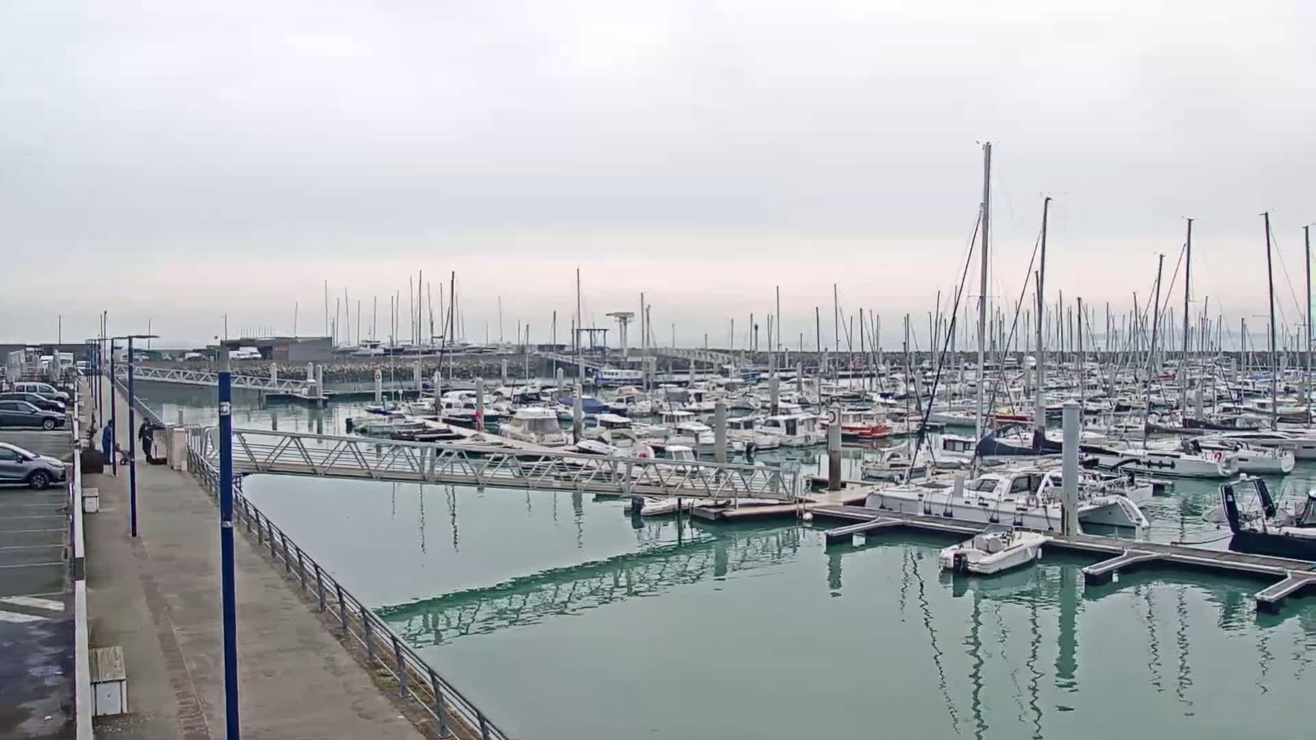 A marina filled with numerous sailboats and motorboats on a calm, overcast day.