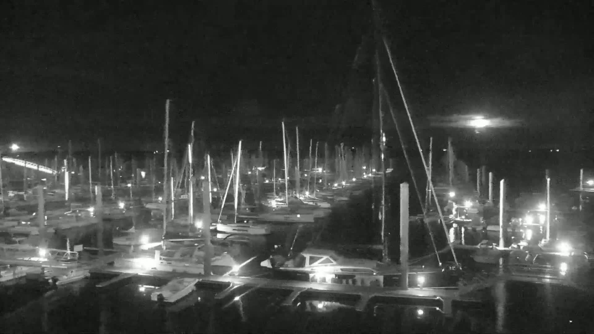 A nighttime, low-light view of a marina filled with numerous sailboats and motorboats docked under a mostly clear sky with a bright moon visible.