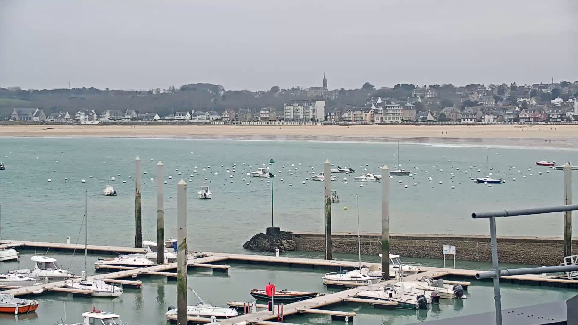 A marina filled with boats sits in front of a calm bay and a town on a cloudy day.