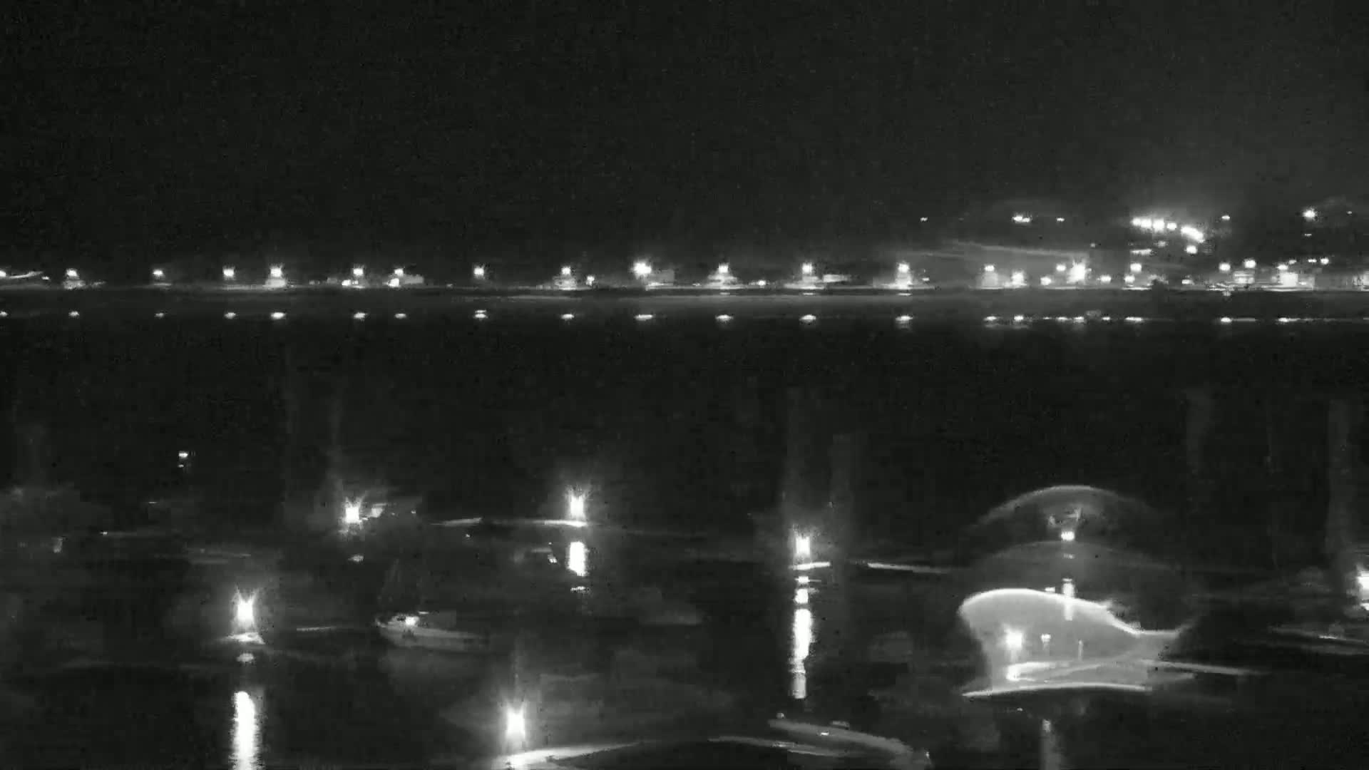 A nighttime view of a calm body of water with numerous small boats docked, illuminated by faint lights, and a distant shoreline with scattered lights visible.