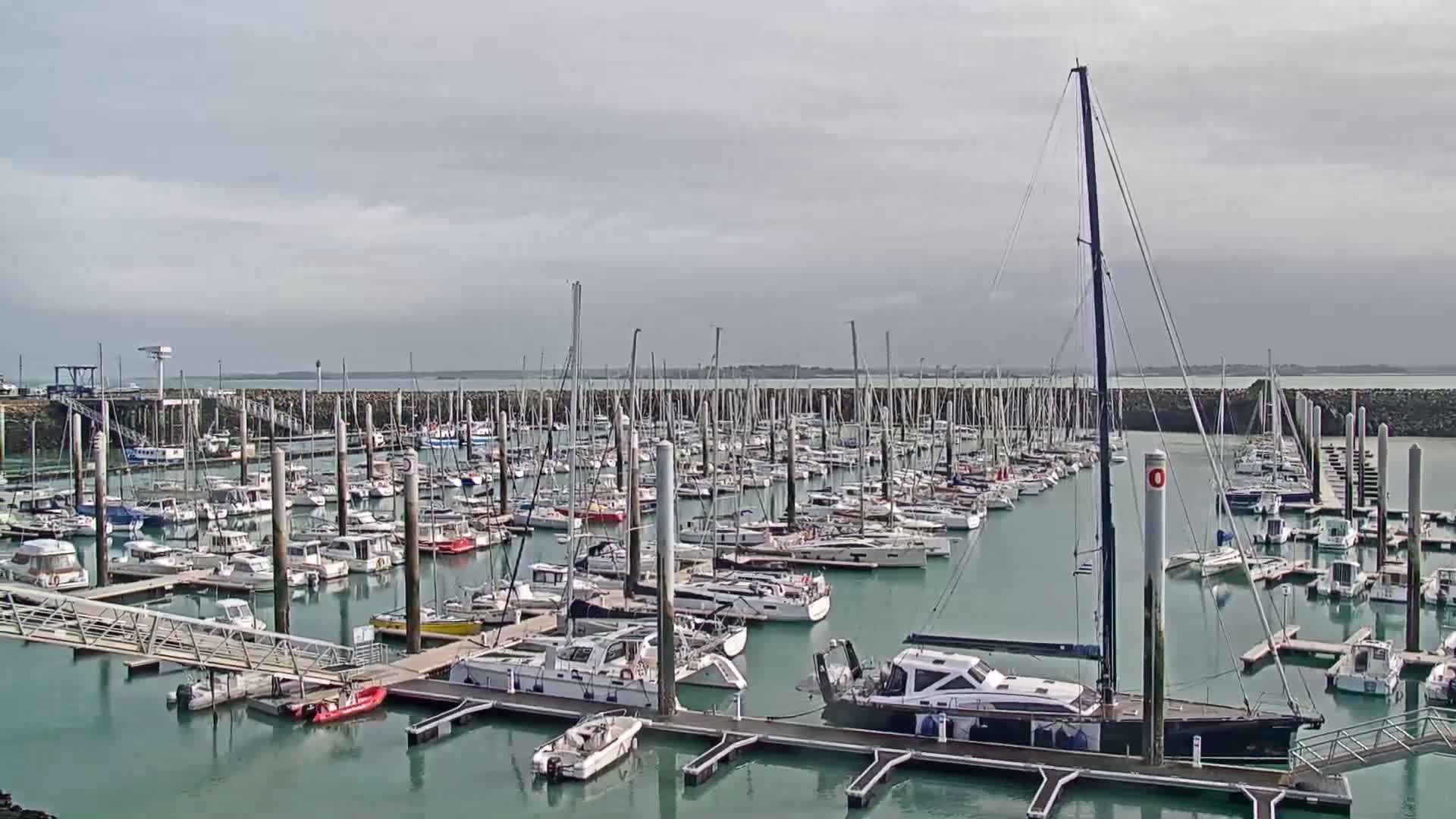 A large marina filled with numerous sailboats and motorboats under an overcast sky.