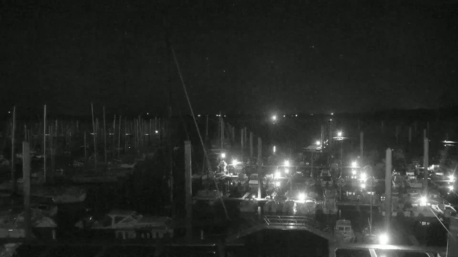 A nighttime, low-light view of a marina with numerous boats docked, illuminated by scattered lights.