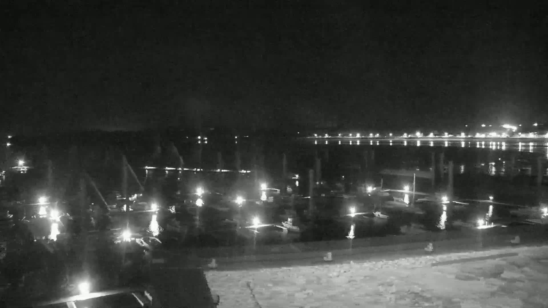 A nighttime view of a harbor filled with boats, each emitting a small light, with a shoreline of lights in the background under a dark sky.