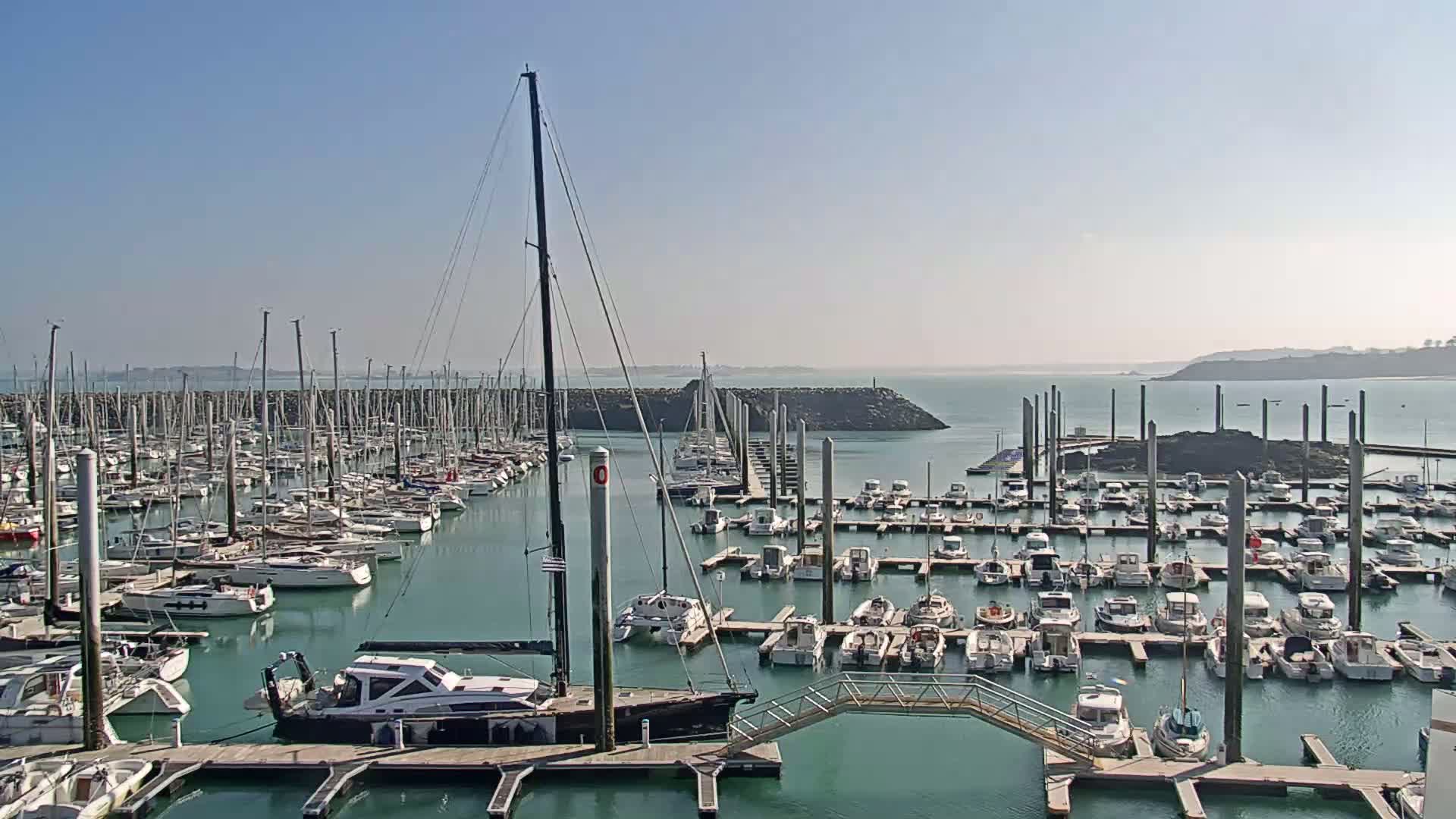 A marina filled with numerous sailboats and motorboats under a clear, sunny sky.