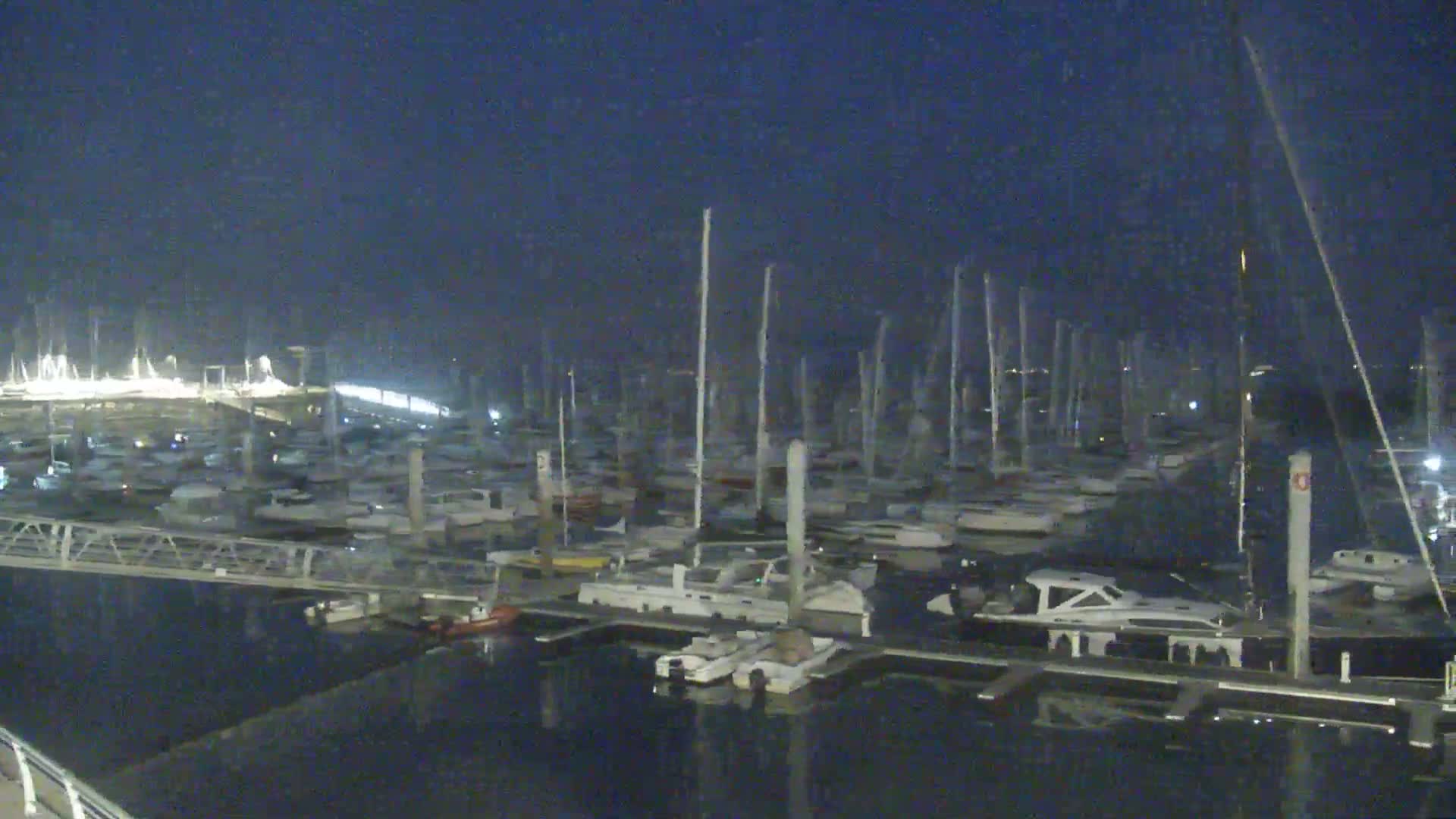 A marina at night, filled with numerous boats and yachts under a dark, possibly rainy sky.