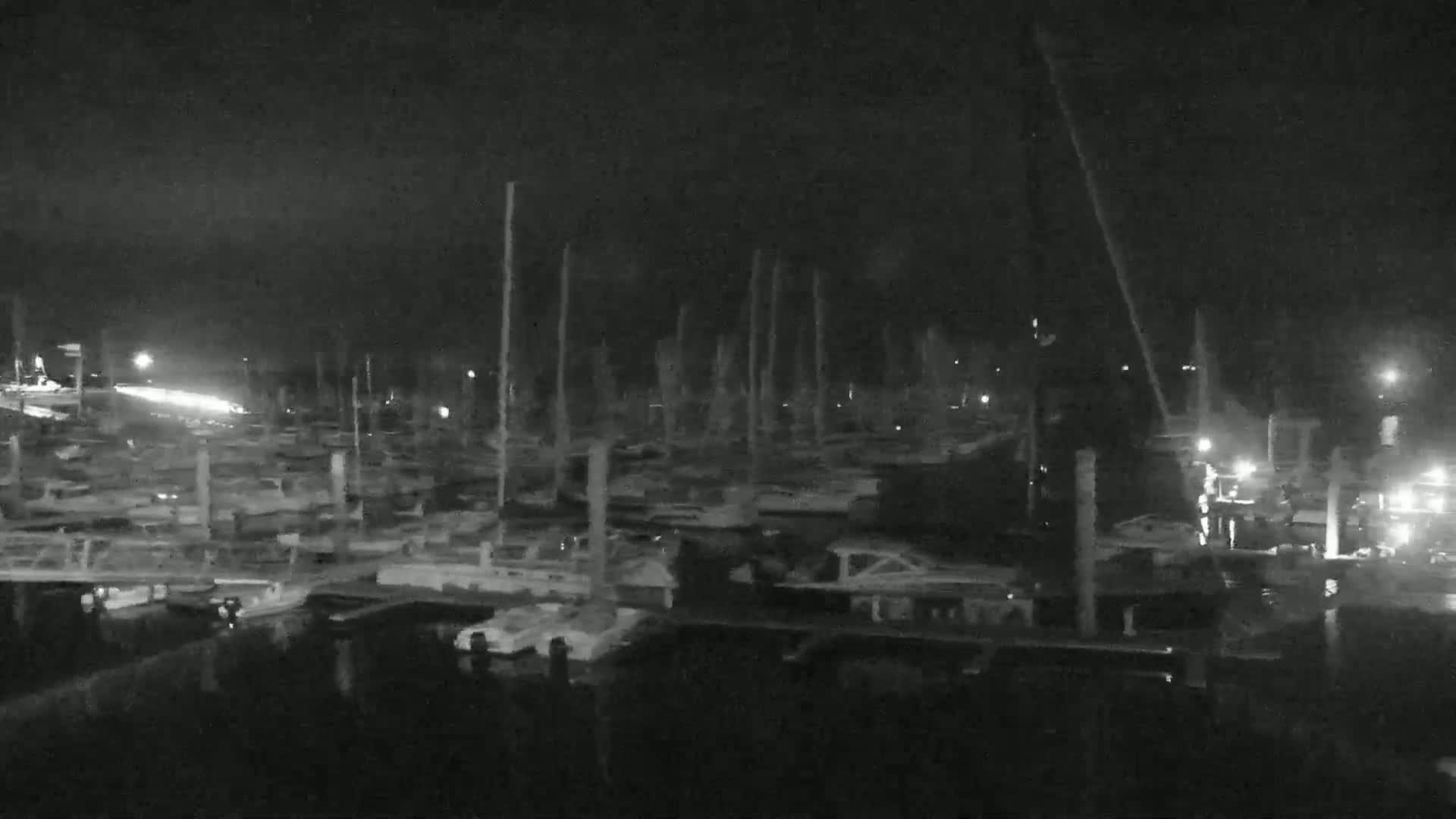 A nighttime, low-light view of a marina filled with numerous boats docked at their slips.