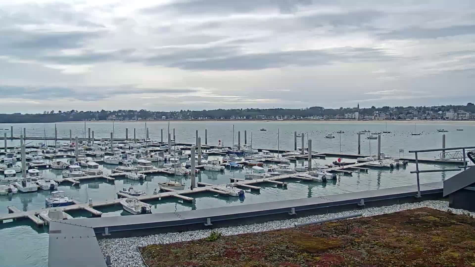 A marina filled with numerous boats is seen under a cloudy sky, with a town visible in the distance across the water.