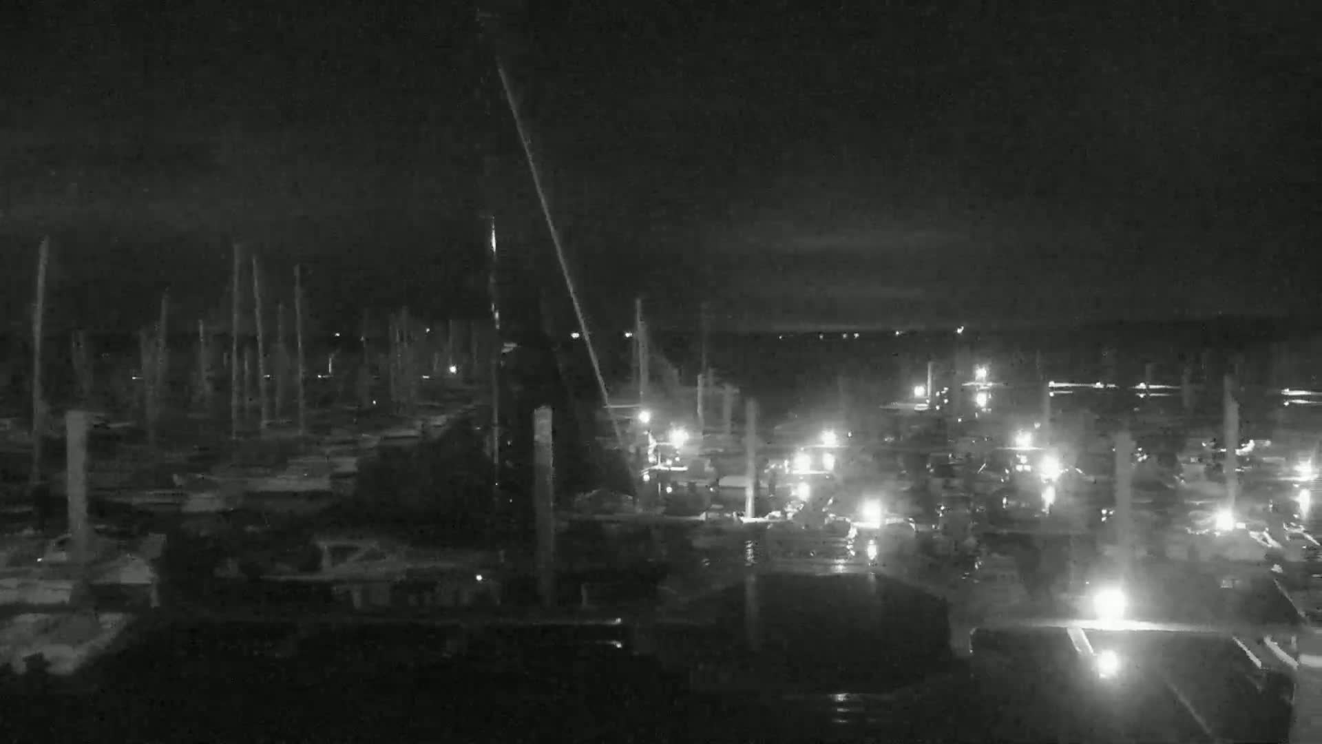 A nighttime view of a marina filled with numerous boats, illuminated by faint lights under a dark sky.