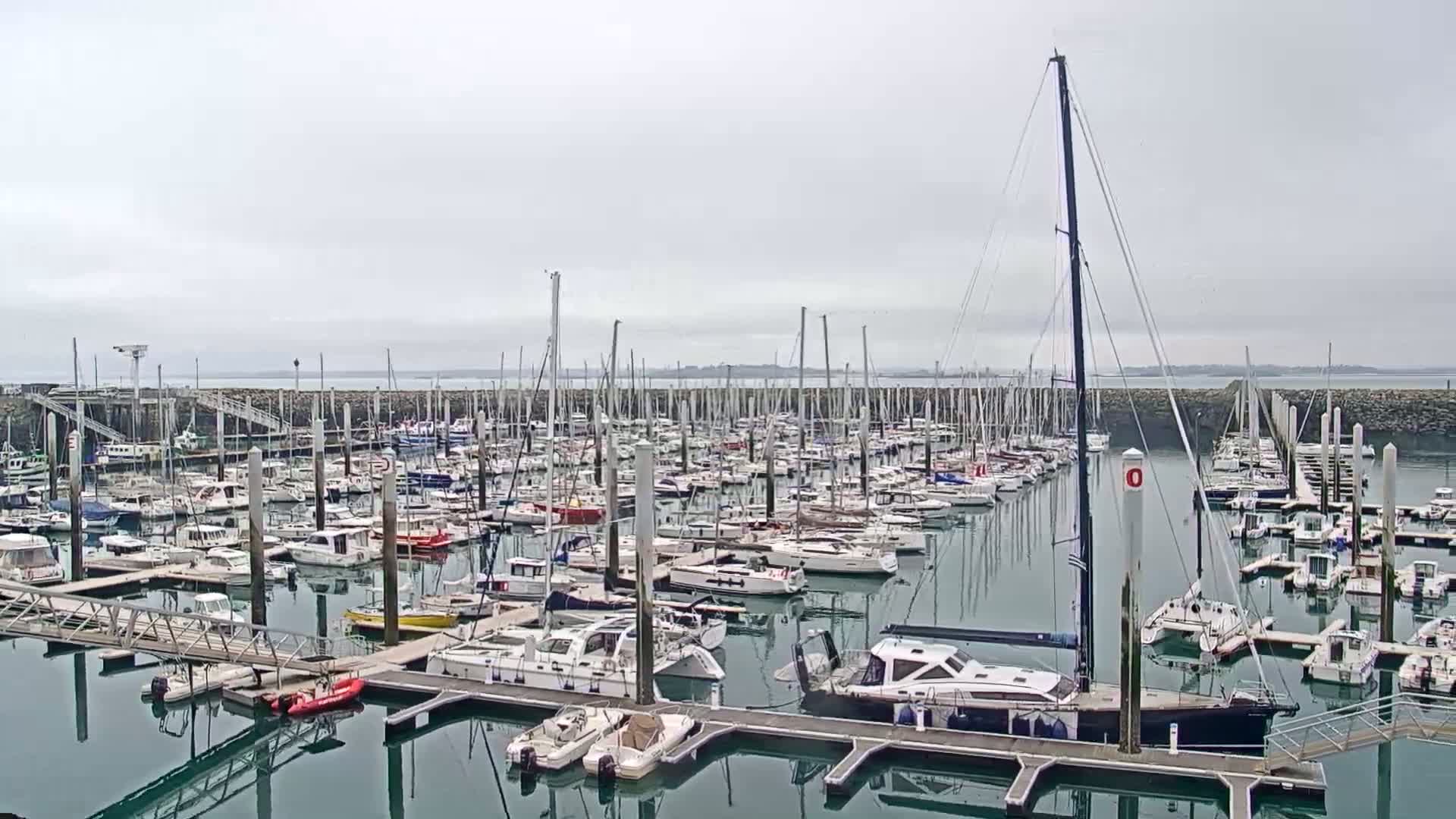 A large marina filled with numerous sailboats and motorboats is shown on an overcast day.