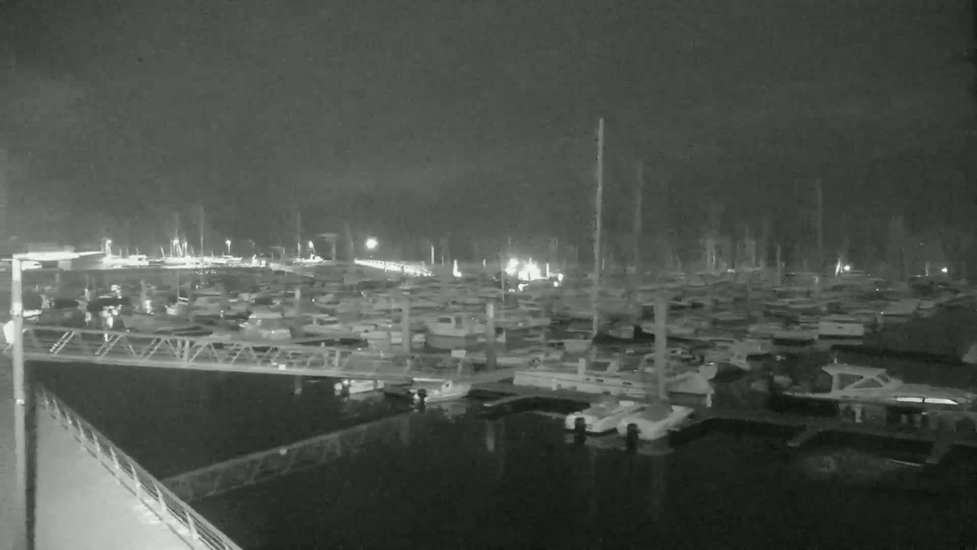 A nighttime, low-light view of a marina filled with numerous boats docked at various piers.