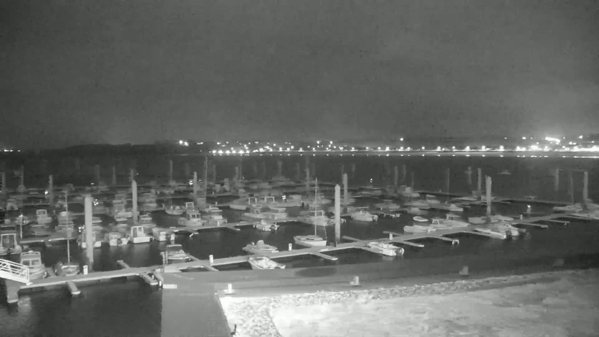 A marina filled with numerous boats is shown at night, under a dark sky, with city lights visible in the distance across the water.