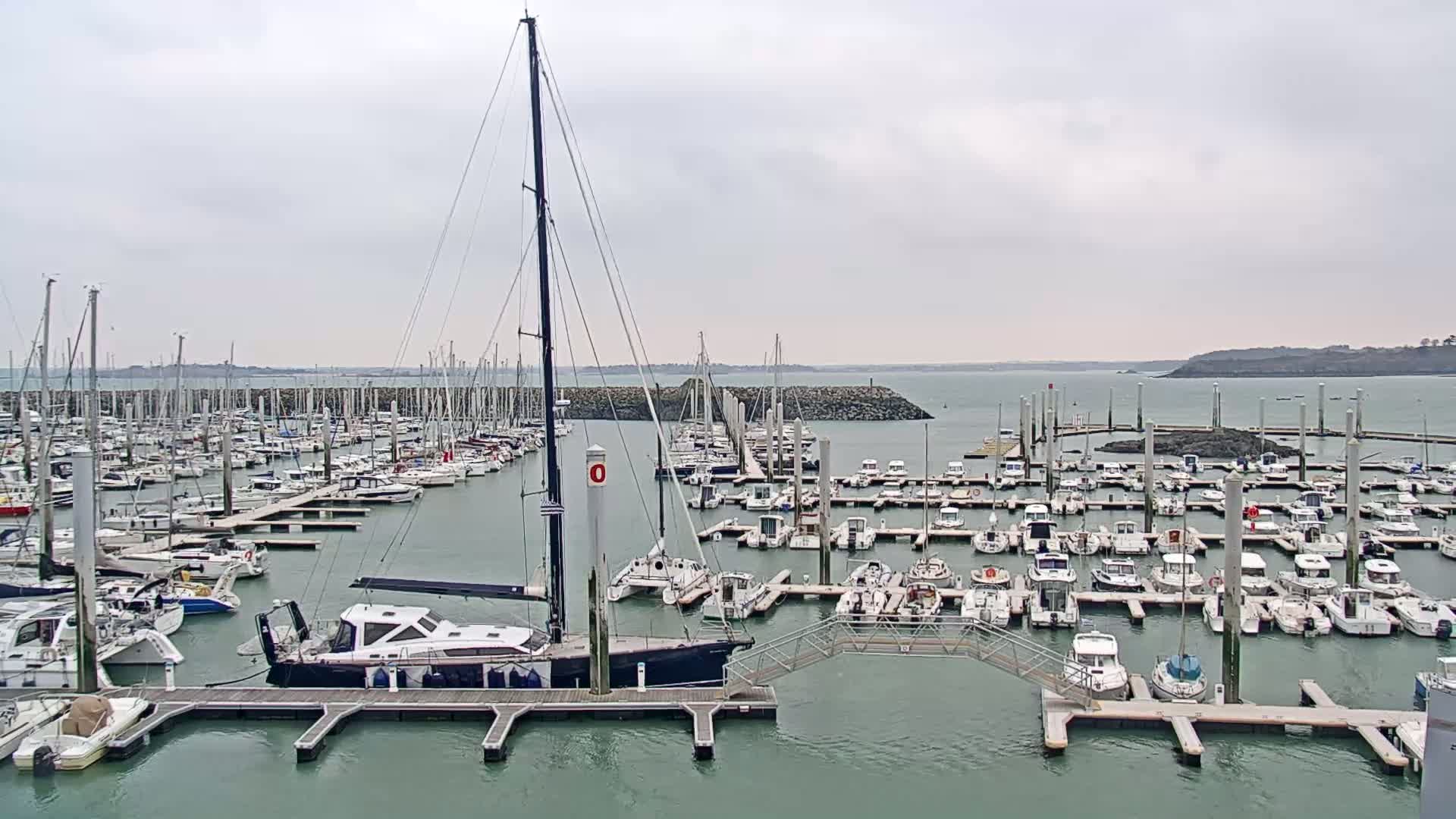 A large marina filled with numerous sailboats and motorboats under an overcast sky.