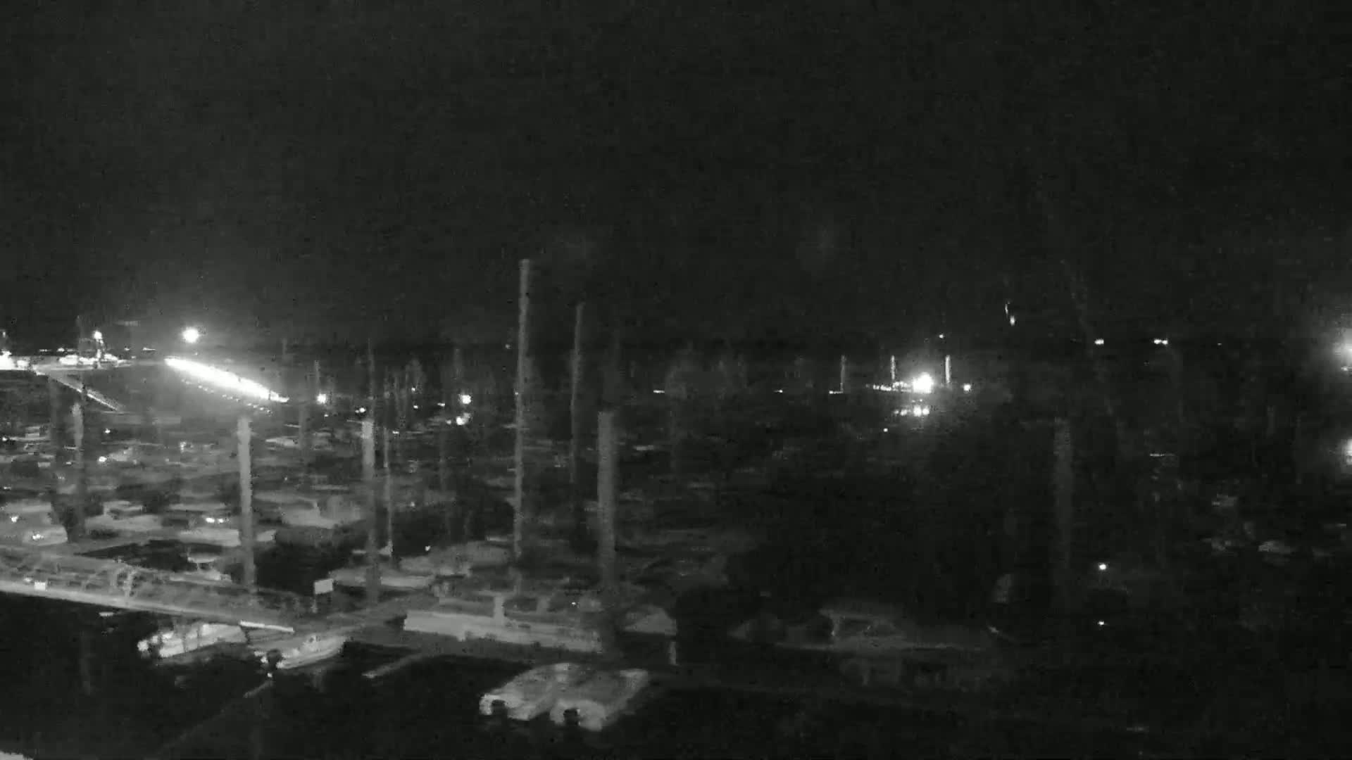 A nighttime, low-light view of a marina filled with numerous boats and masts under a dark sky.
