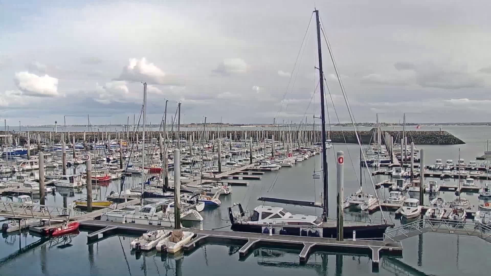 A large marina filled with numerous sailboats and motorboats under a cloudy sky.
