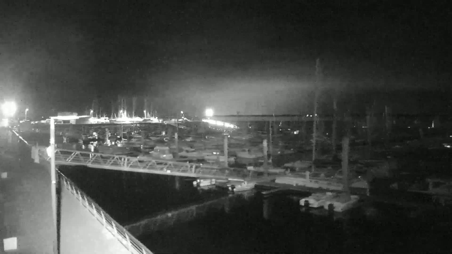 A nighttime, low-light view of a marina filled with numerous boats docked along a pier.