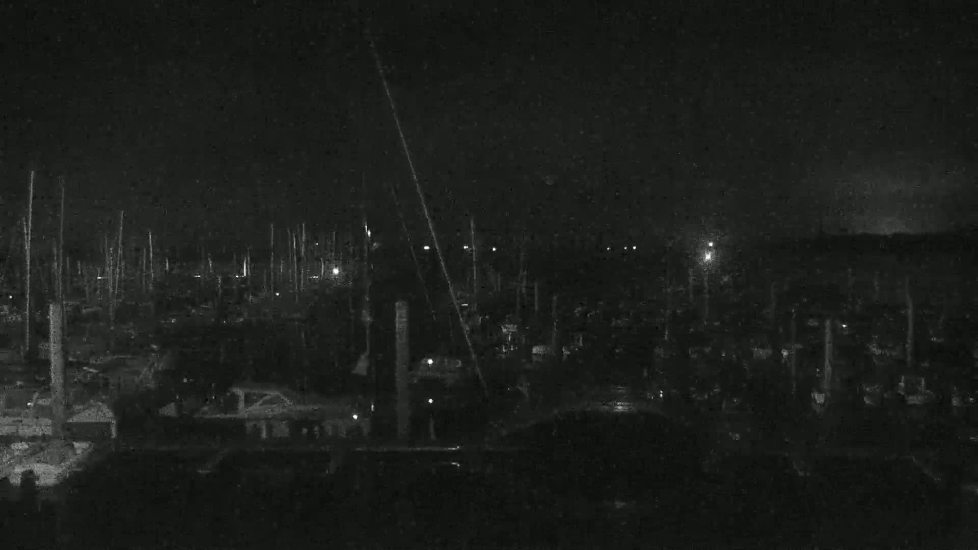 A nighttime, low-light view of a marina filled with numerous boats and masts under a dark, possibly slightly overcast sky.