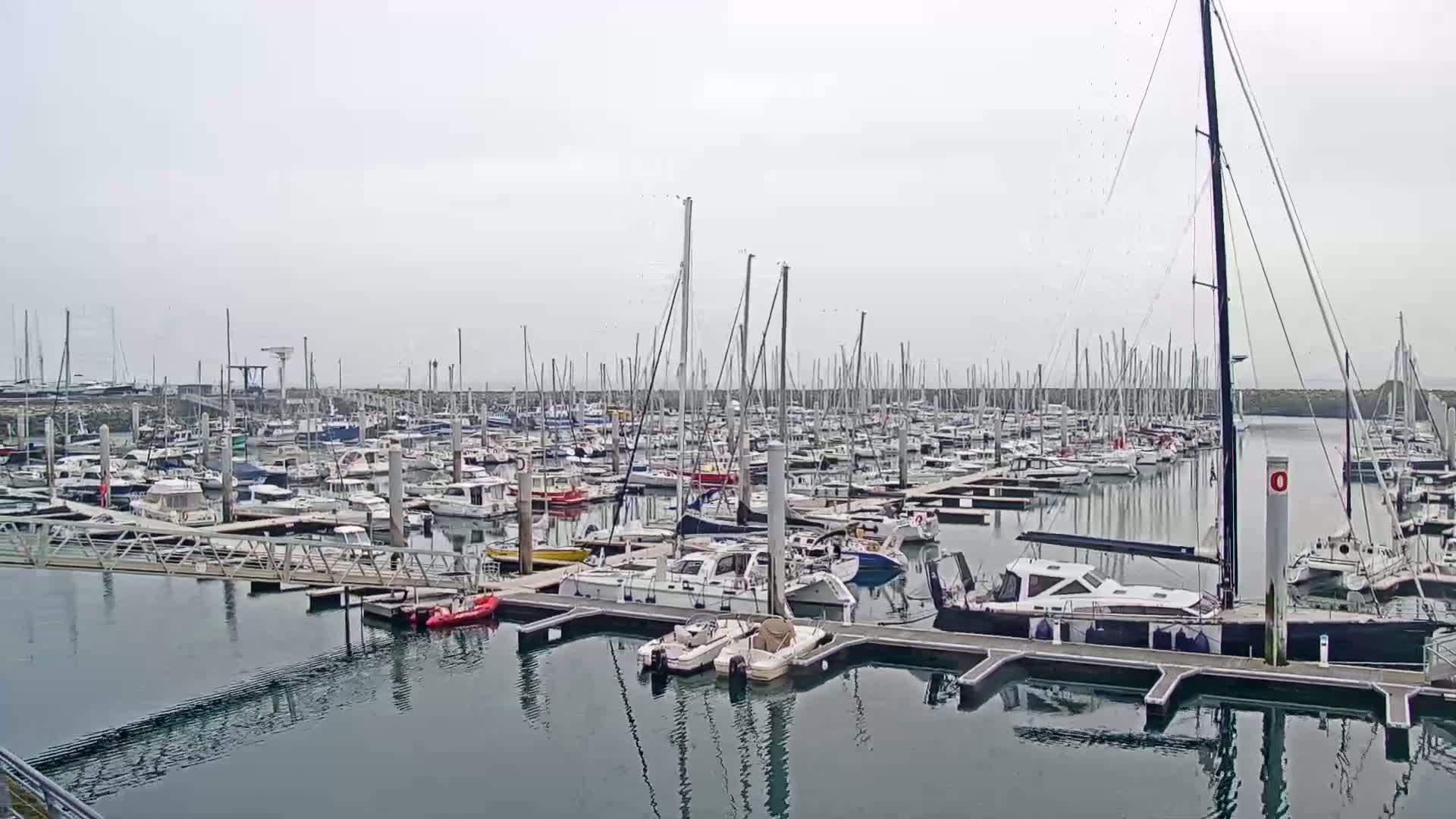 A marina filled with numerous sailboats and motorboats on a calm, overcast day.