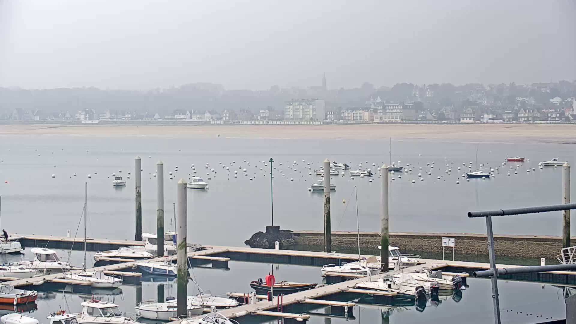 A marina filled with numerous boats is situated in front of a hazy coastal town with a sandy beach under a foggy sky.