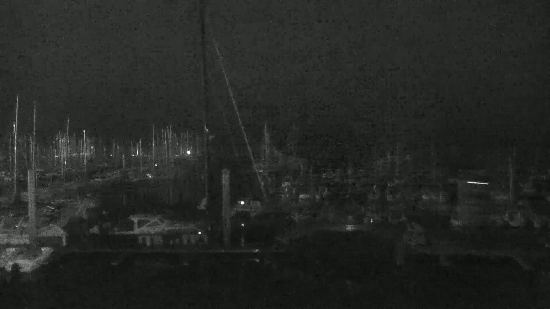 A nighttime view of a marina filled with numerous boats under a dark sky.