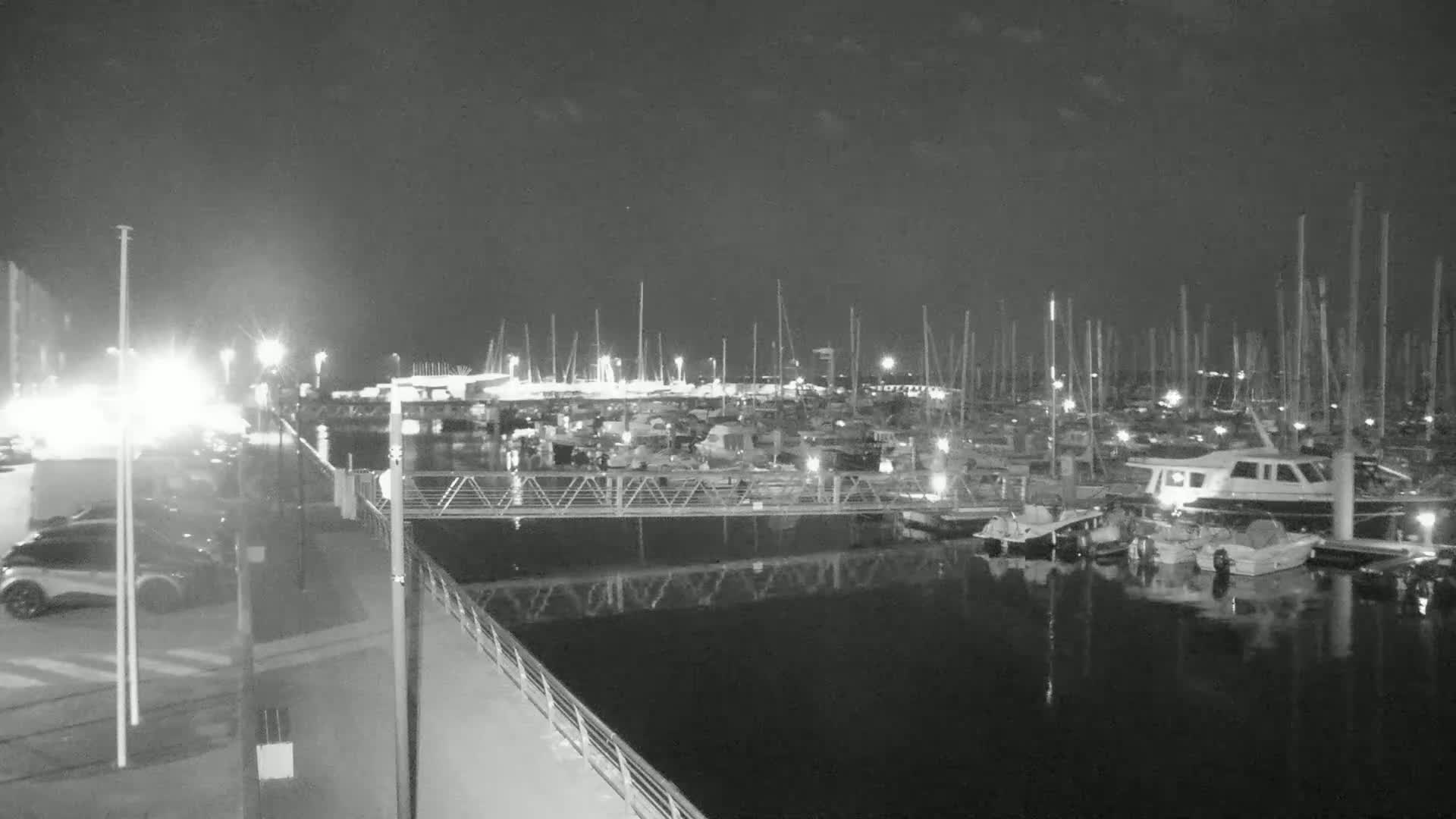 A nighttime view of a marina filled with numerous boats and yachts under a mostly clear sky.