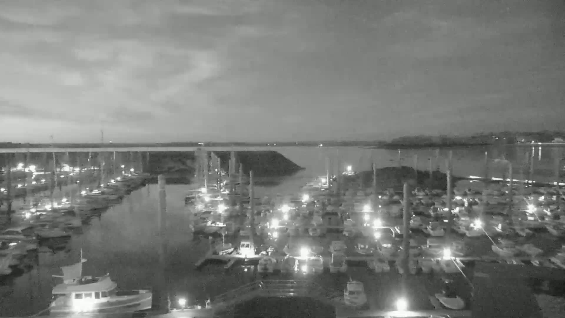 A nighttime view of a marina filled with numerous boats, under a cloudy sky.