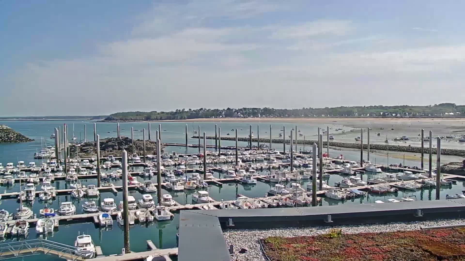 A marina filled with numerous boats is situated on calm, clear water under a mostly sunny sky, with a sandy shoreline and land visible in the distance.