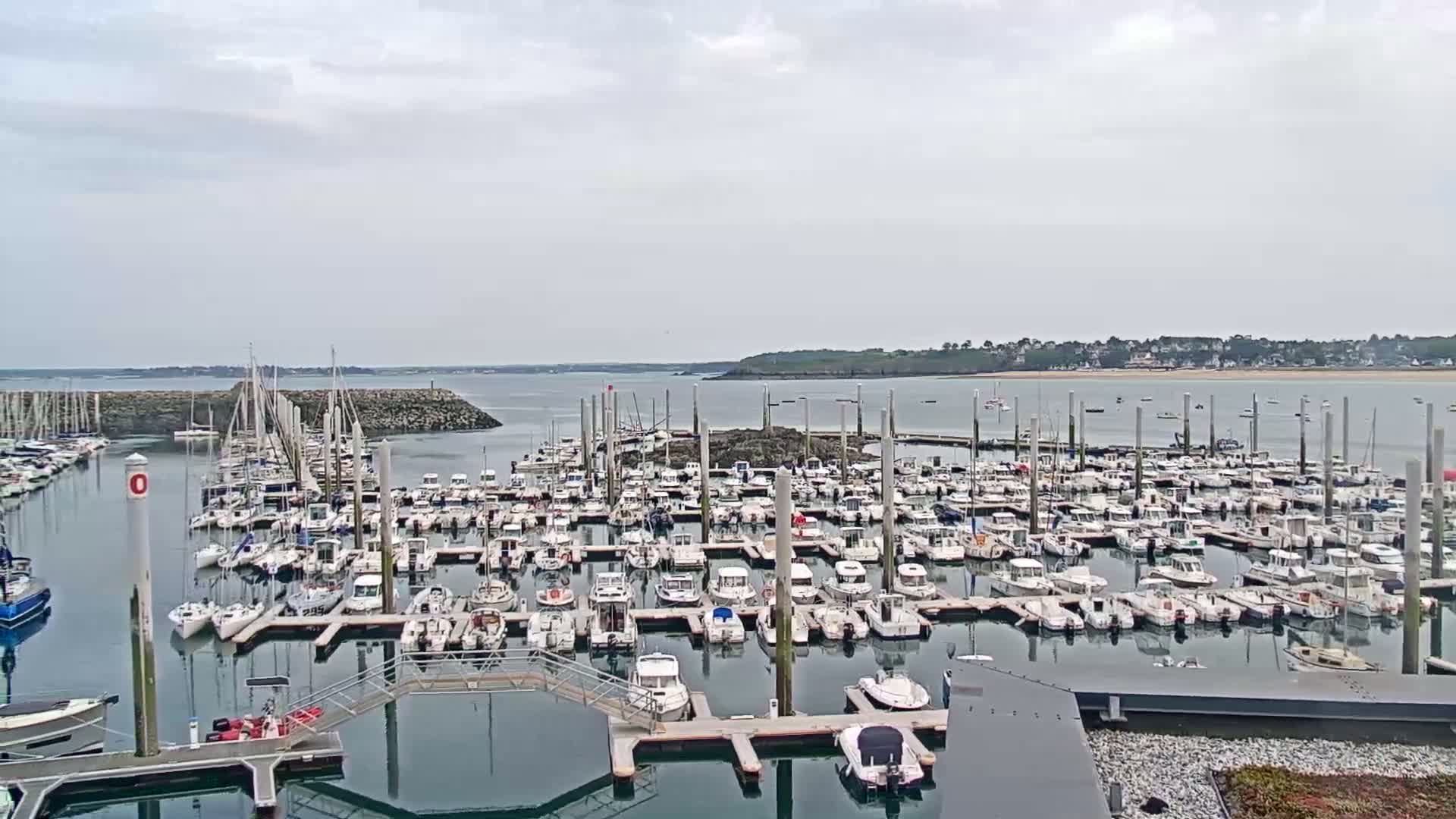 Many boats are docked in a marina on a calm, overcast day, with a larger body of water visible in the background.