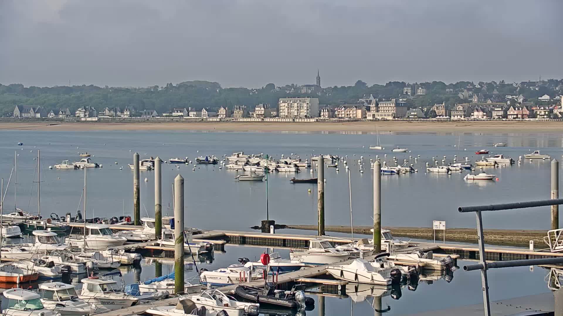 Numerous boats are moored in a marina, with a calm bay and a distant town visible on a hazy day.