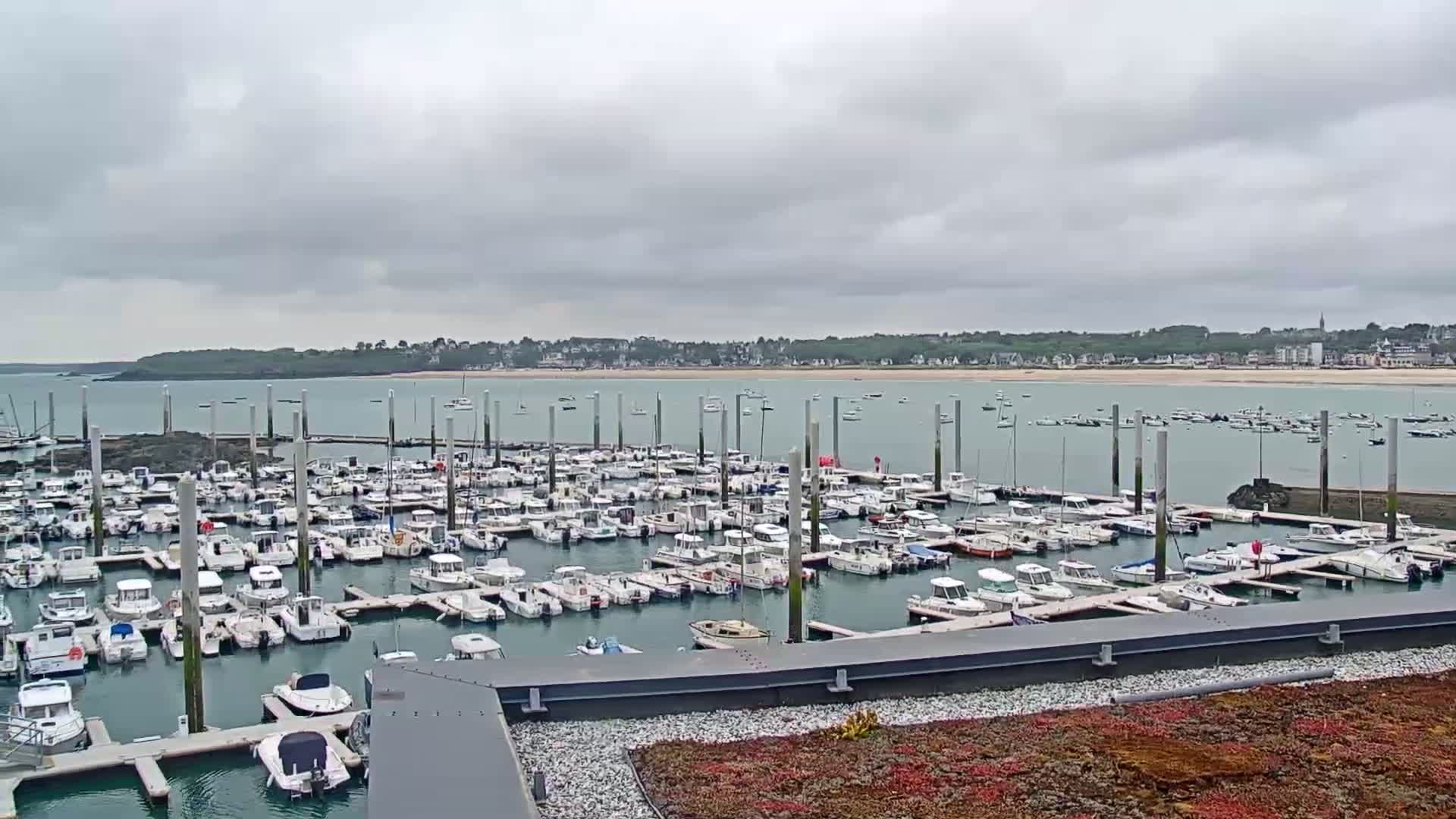 A marina filled with numerous white boats is situated near a coastline under a cloudy sky.
