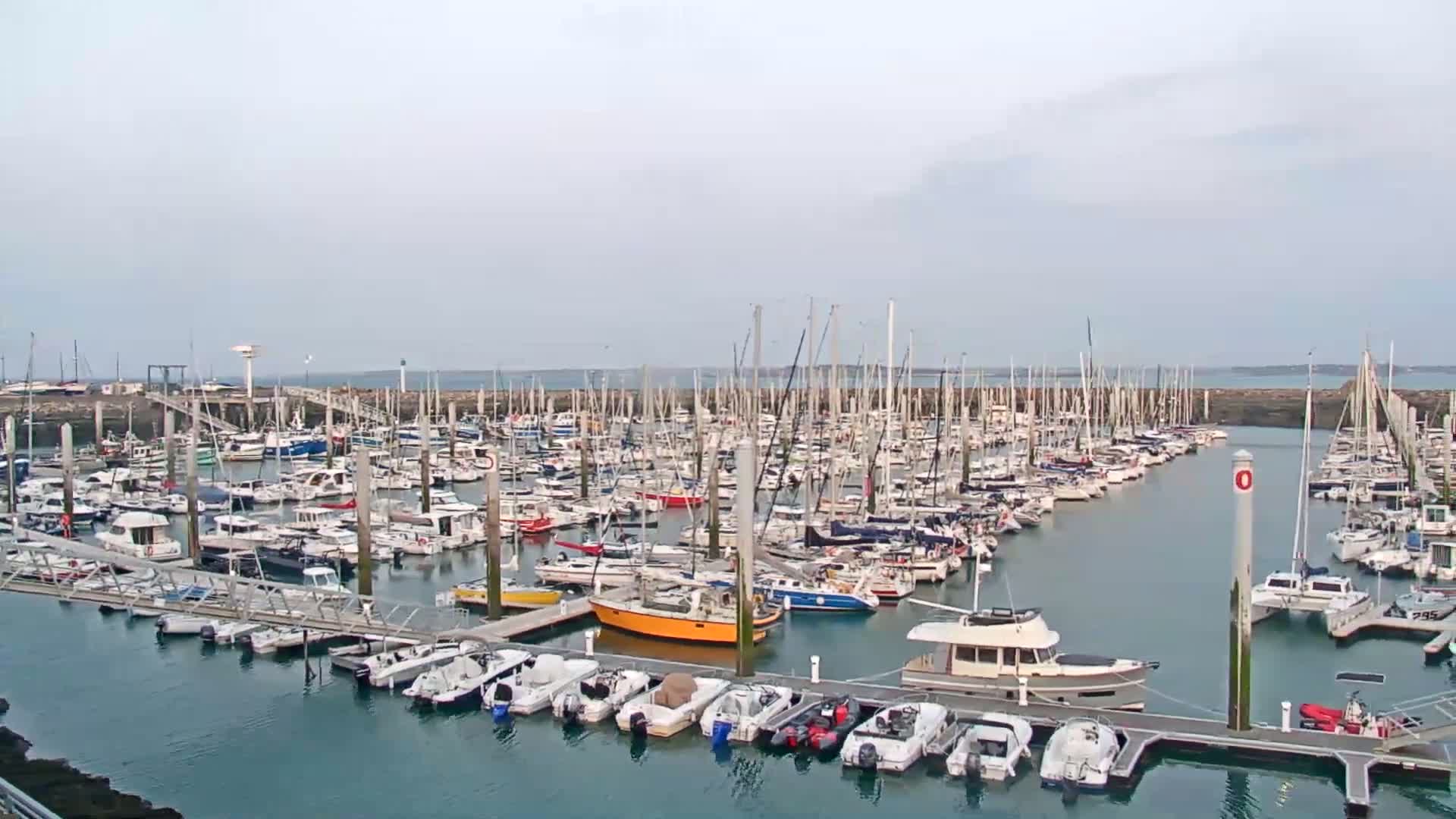 A large marina filled with numerous sailboats and motorboats under a mostly cloudy sky.