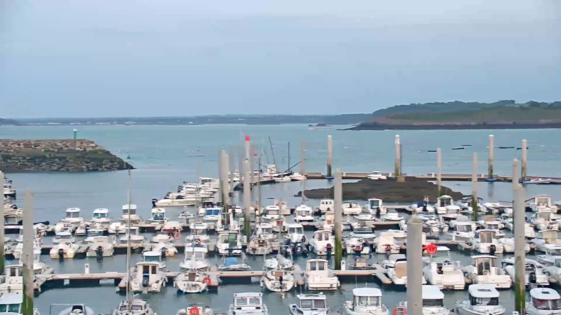 A marina filled with numerous small boats and yachts is situated on calm water under a cloudy sky, with a distant landmass visible in the background.