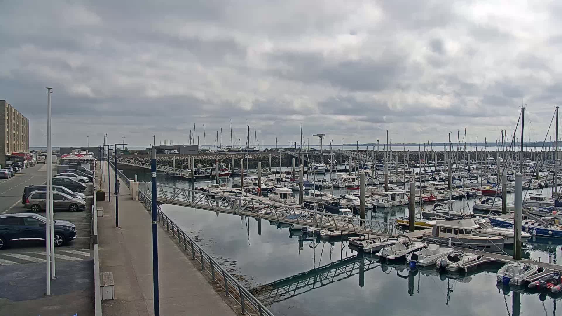 A marina filled with numerous boats is seen from a parking lot on an overcast day.