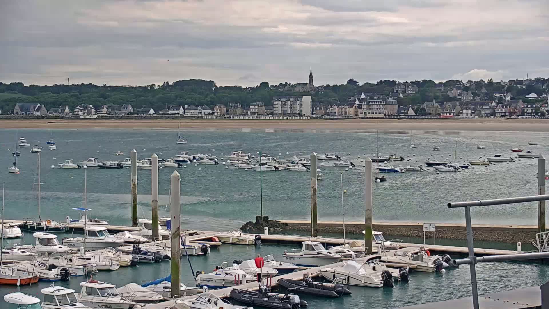 Numerous boats are docked in a marina, with many more anchored in the bay beyond, under an overcast sky, and a town visible in the distance.