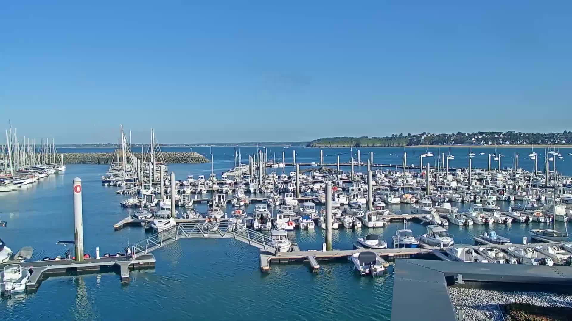 A large marina filled with numerous boats and yachts is situated on calm, clear blue water under a bright, sunny sky.
