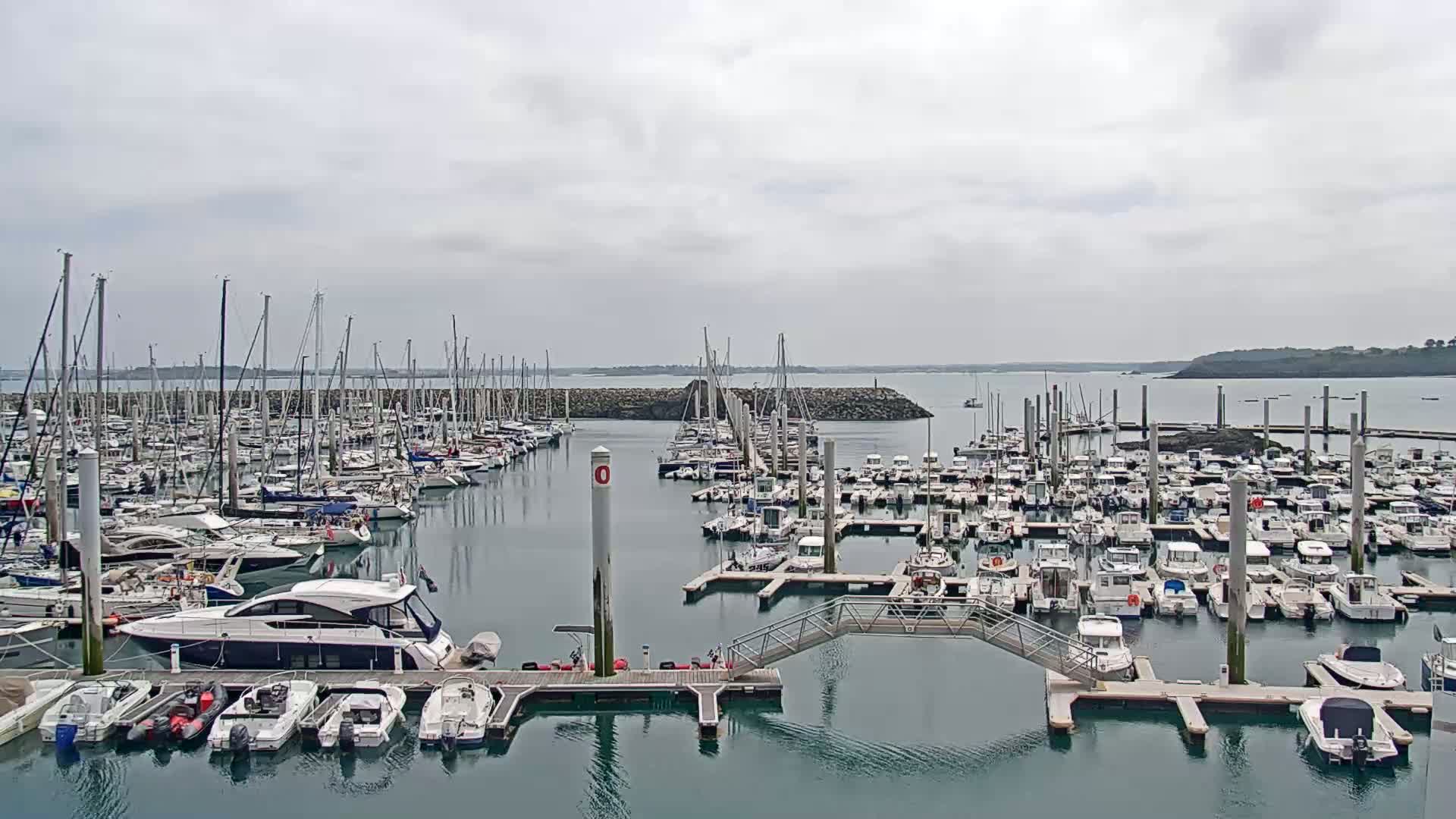 A marina filled with numerous sailboats and motorboats is shown under an overcast sky.