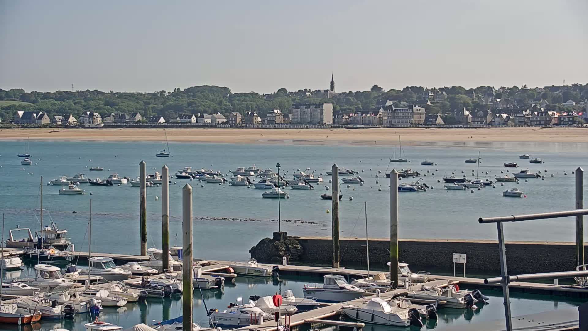 A marina filled with numerous boats is situated in front of a coastal town under sunny skies, with a calm bay separating the two.